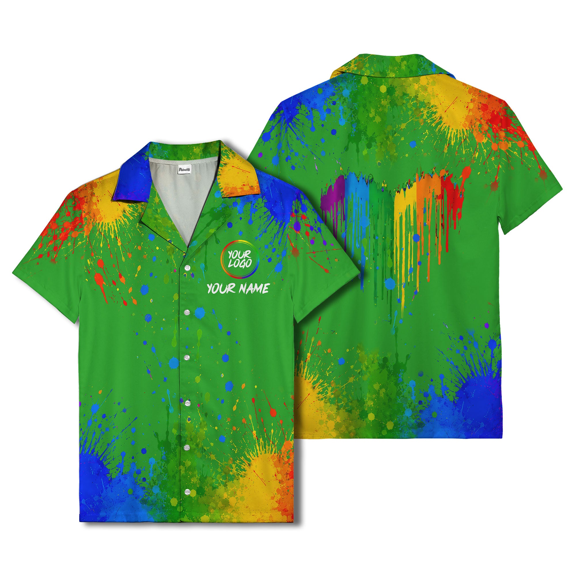 rainbow paint splatter abstract art hawaiian shirt with customizable name