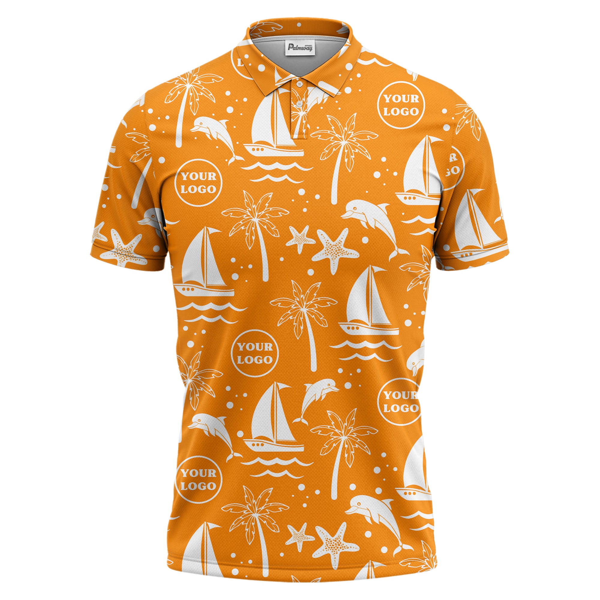 sailboats dolphins palm trees starfish repeat pattern black white polo shirt