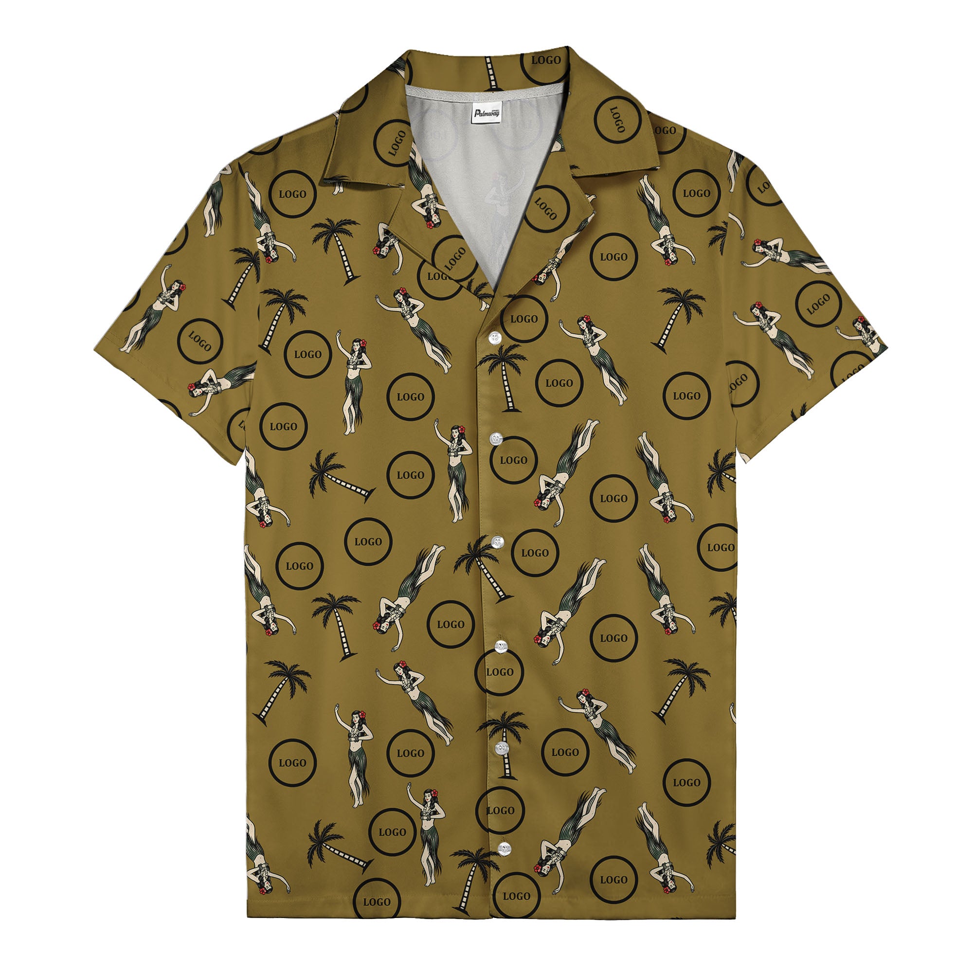 vintage hula dancers palm trees circular logo black hawaiian shirt for men