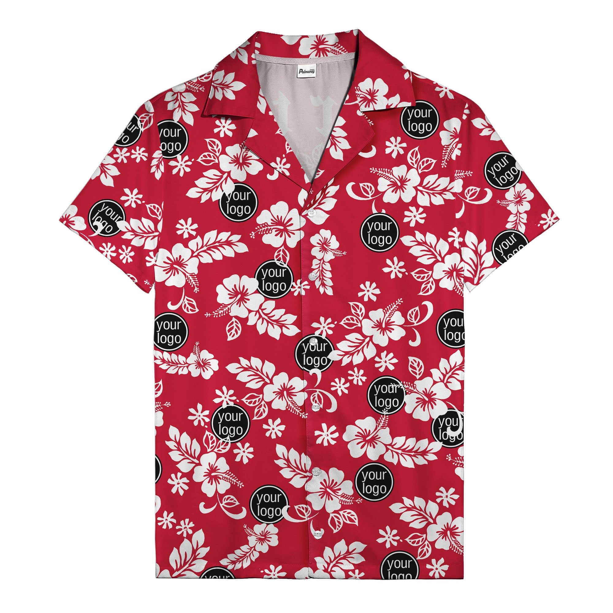 watercolor hibiscus blooms & custom logo navy blue hawaiian shirt