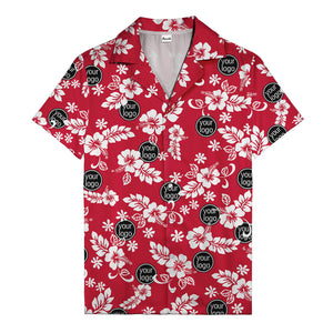 watercolor hibiscus blooms & custom logo navy blue hawaiian shirt