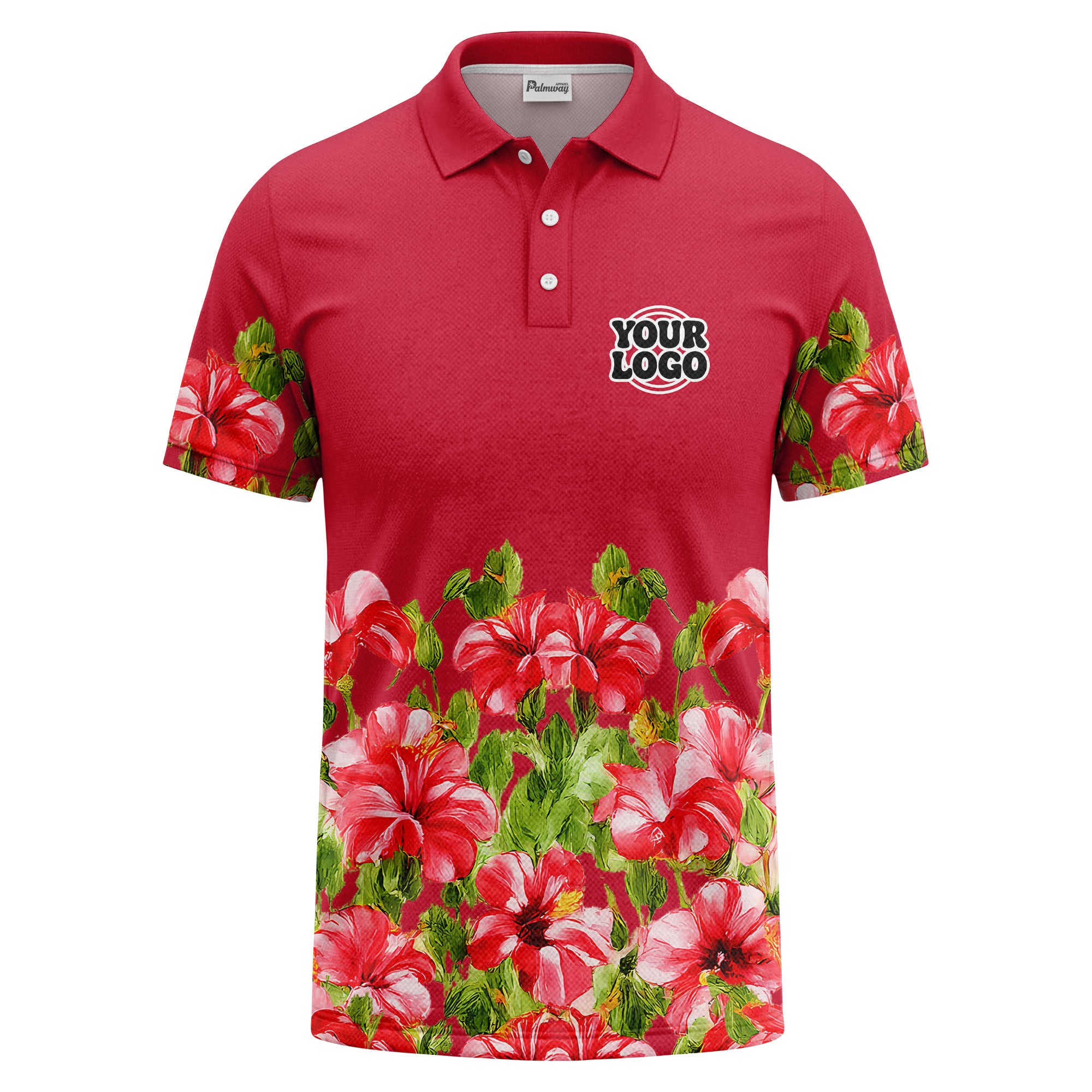 watercolor hibiscus & emerald leaf tropical polo shirt for men