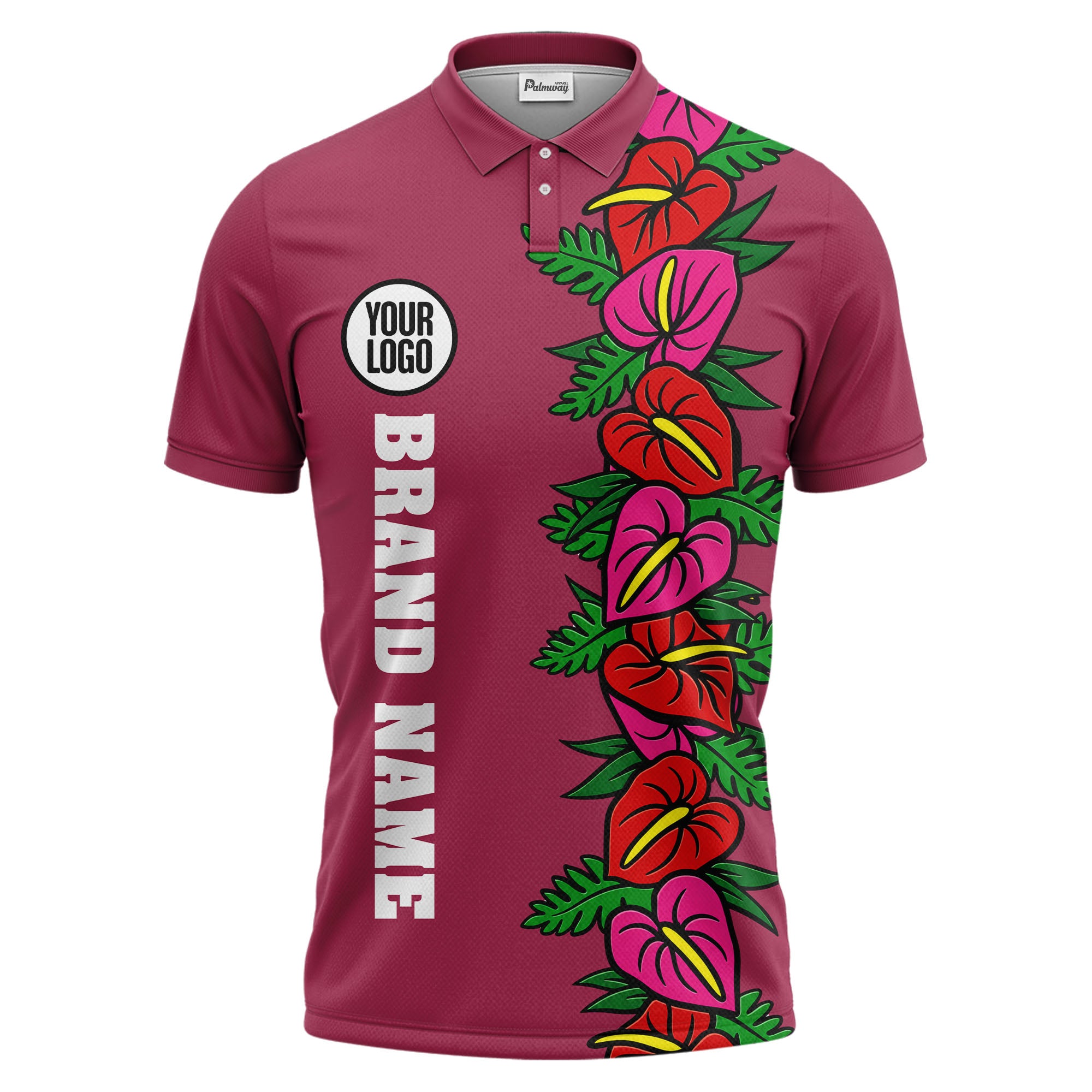 anthurium & emerald leaf stripe coral red polo shirt for men