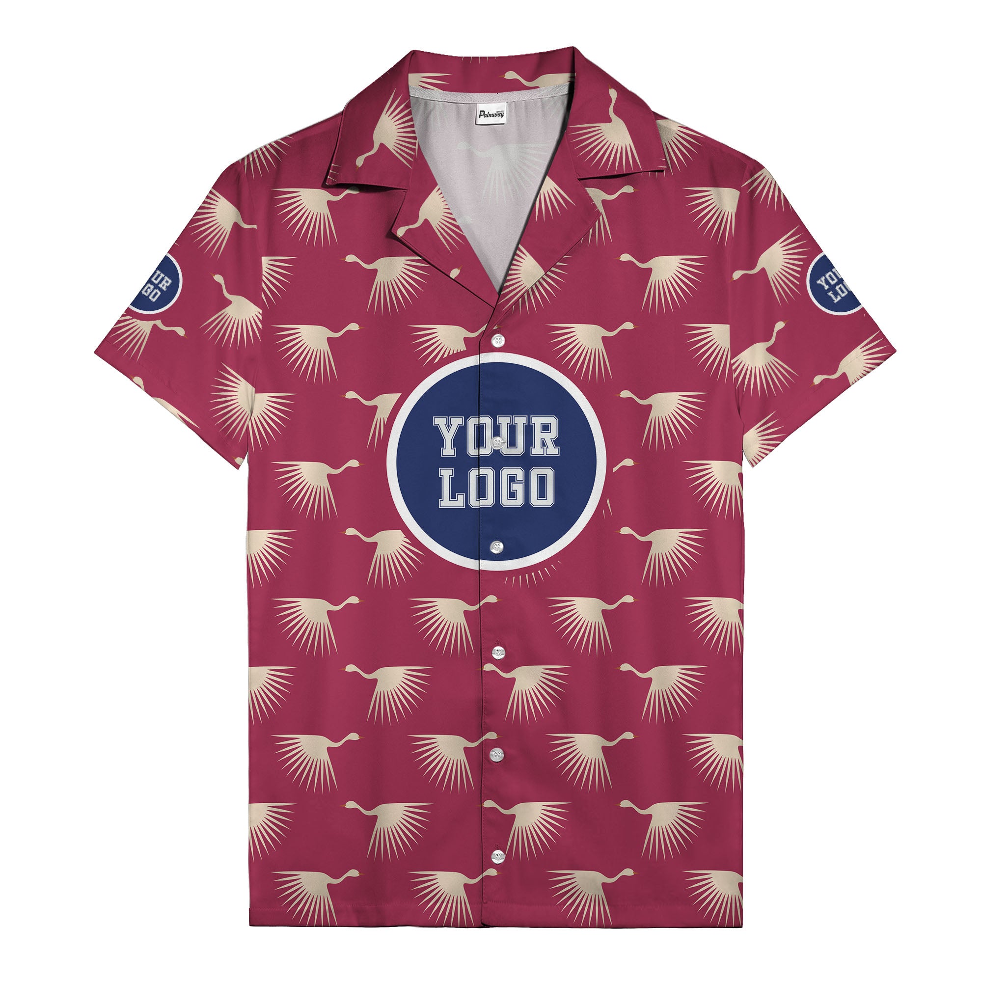 art deco crane silhouette logo beige navy hawaiian shirt
