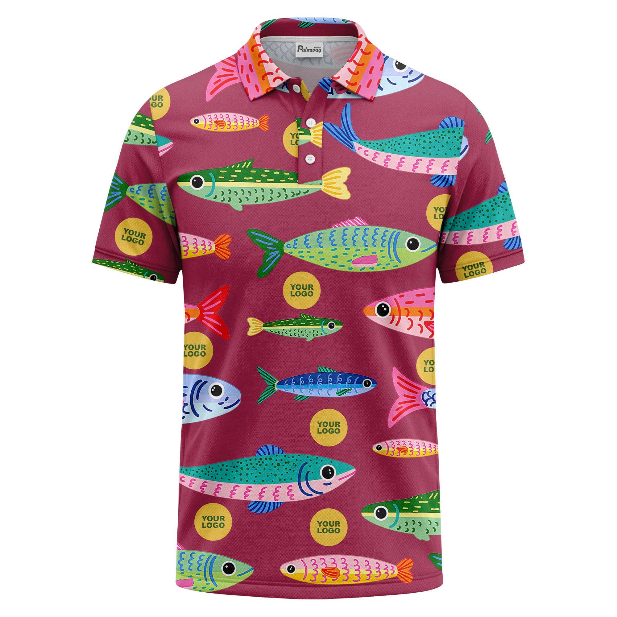 colorful cartoon fish & custom logo repeat all-over print polo shirt