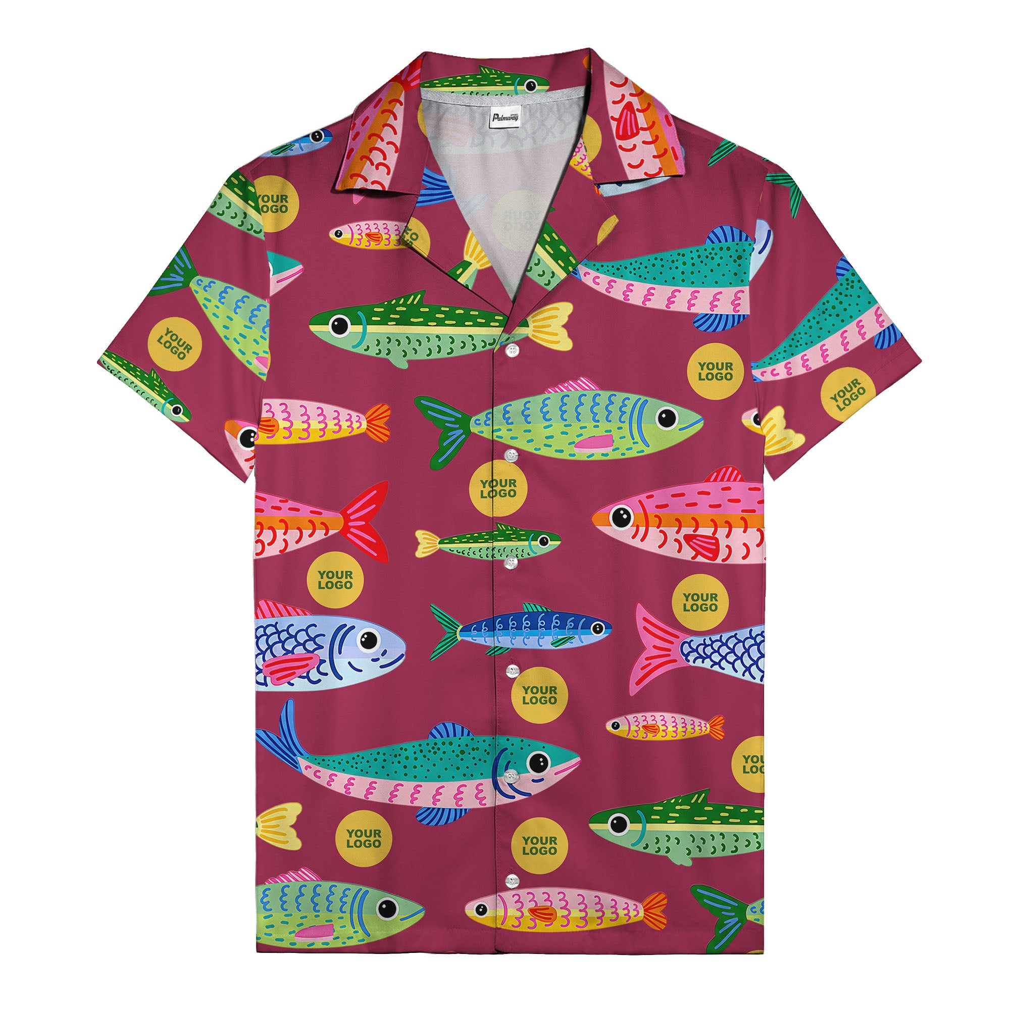 colorful cartoon fish & gold circle logo hawaiian shirt for men