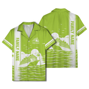 cruise ship silhouette sunset palm trees hawaiian shirt
