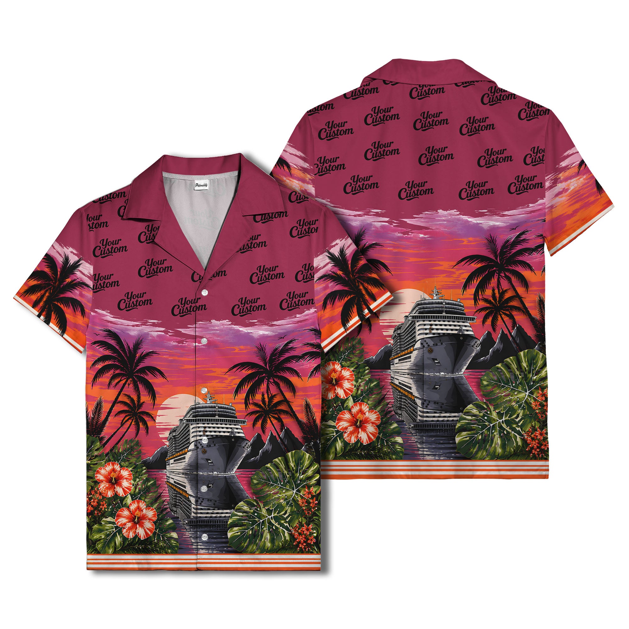 cruise ship sunset palm trees hibiscus flowers hawaiian shirt for men