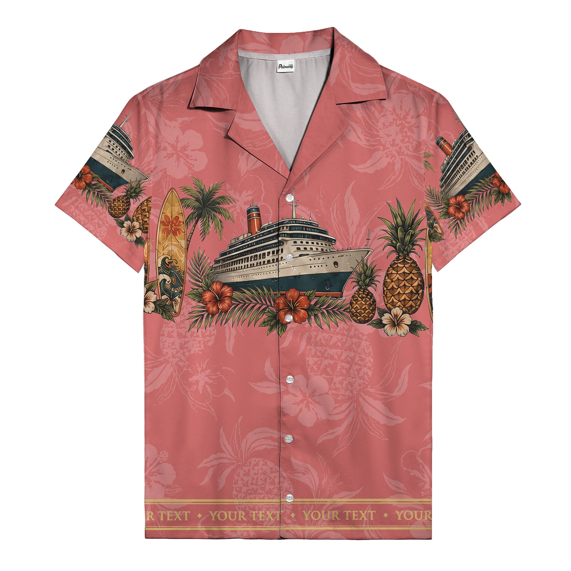 cruise ship surfboard pineapple palm hibiscus hawaiian shirt