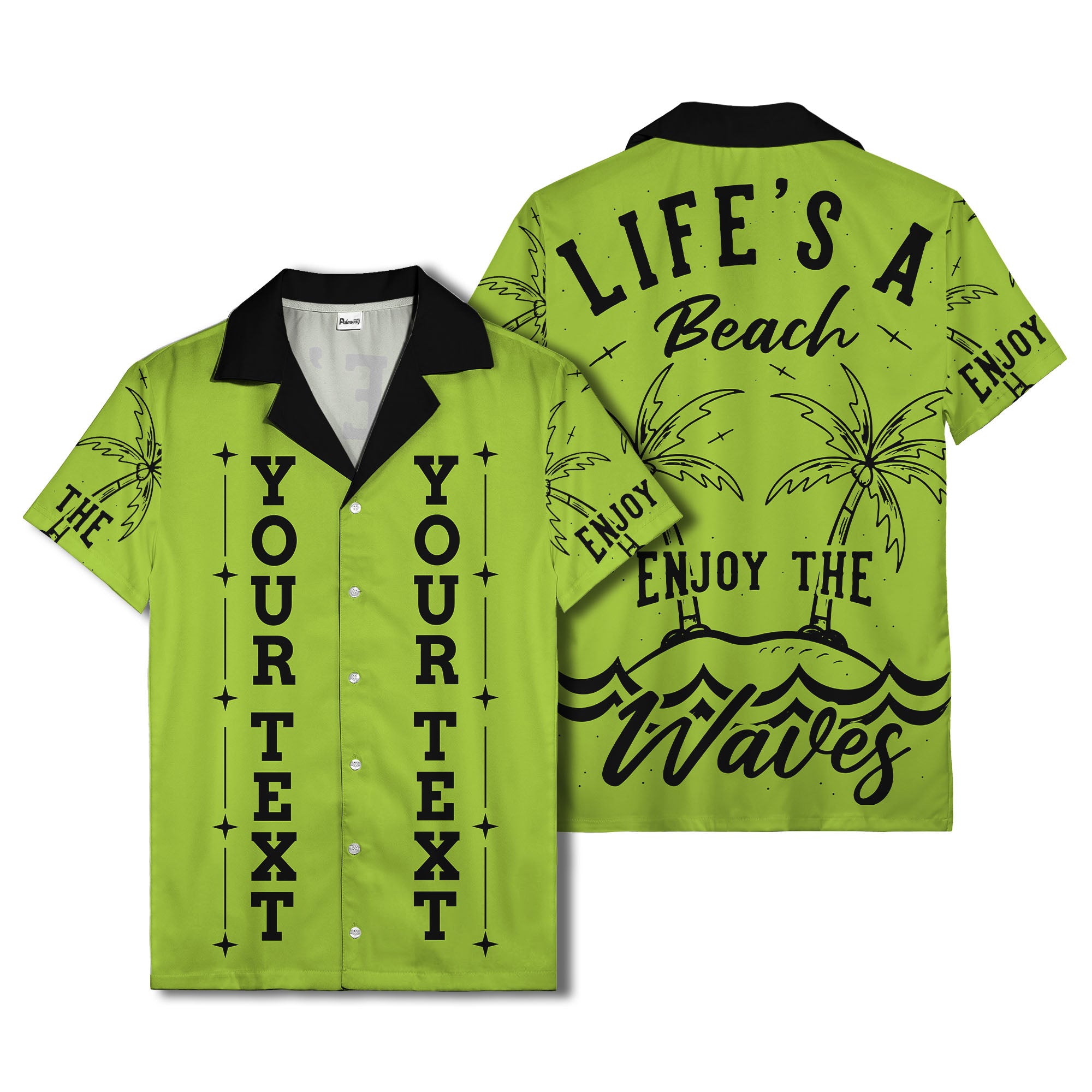 customizable text palm trees & stars graphic hawaiian shirt for men