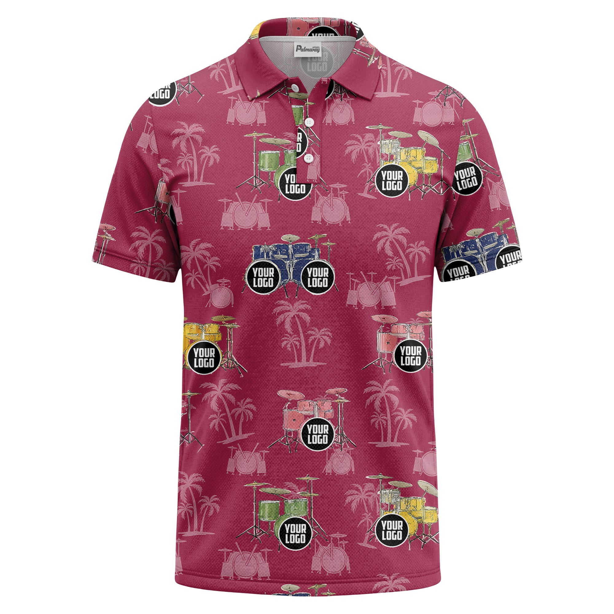 drum kit & palm tree repeat rock band polo shirt for men