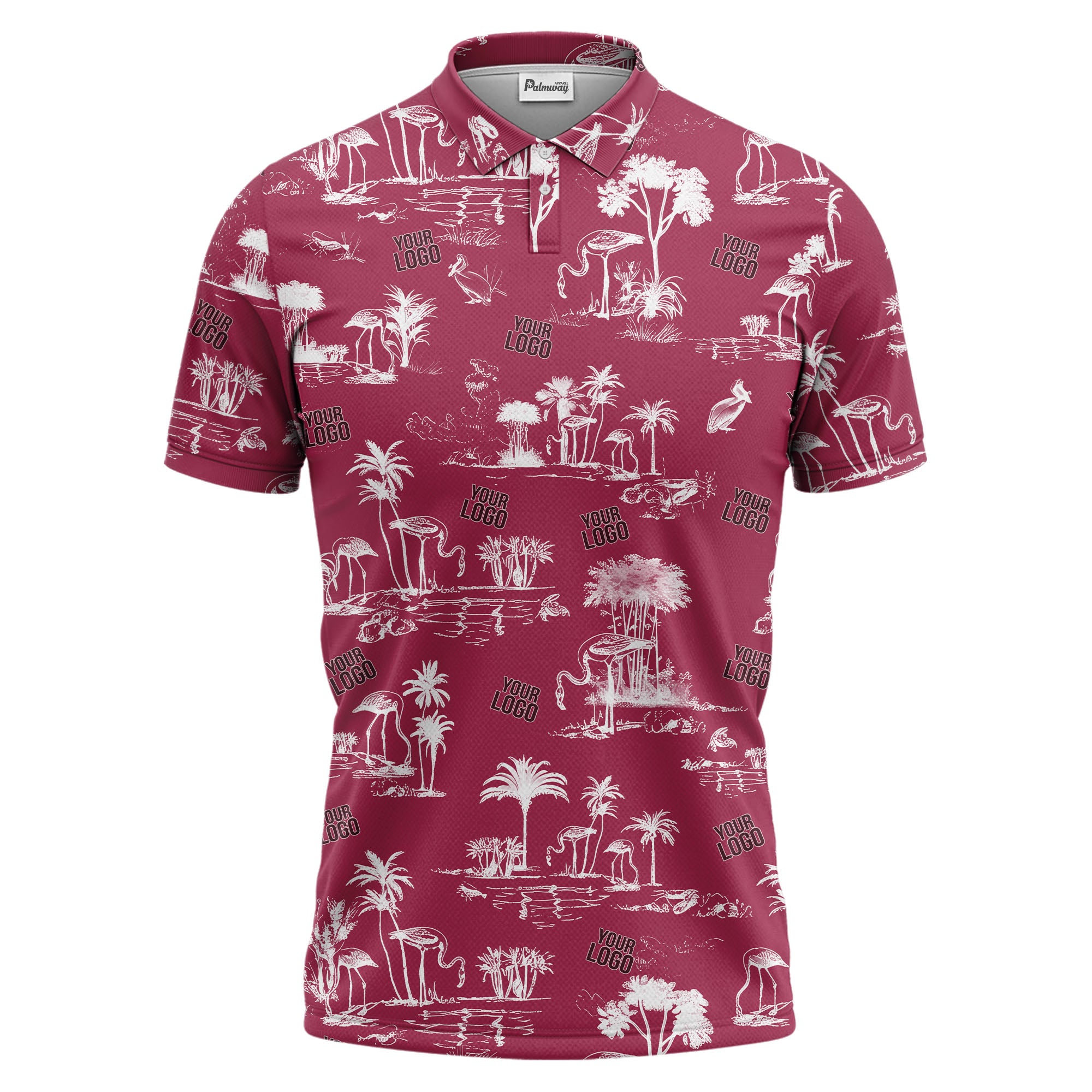flamingo oasis palm trees sketch pattern black white polo shirt for men