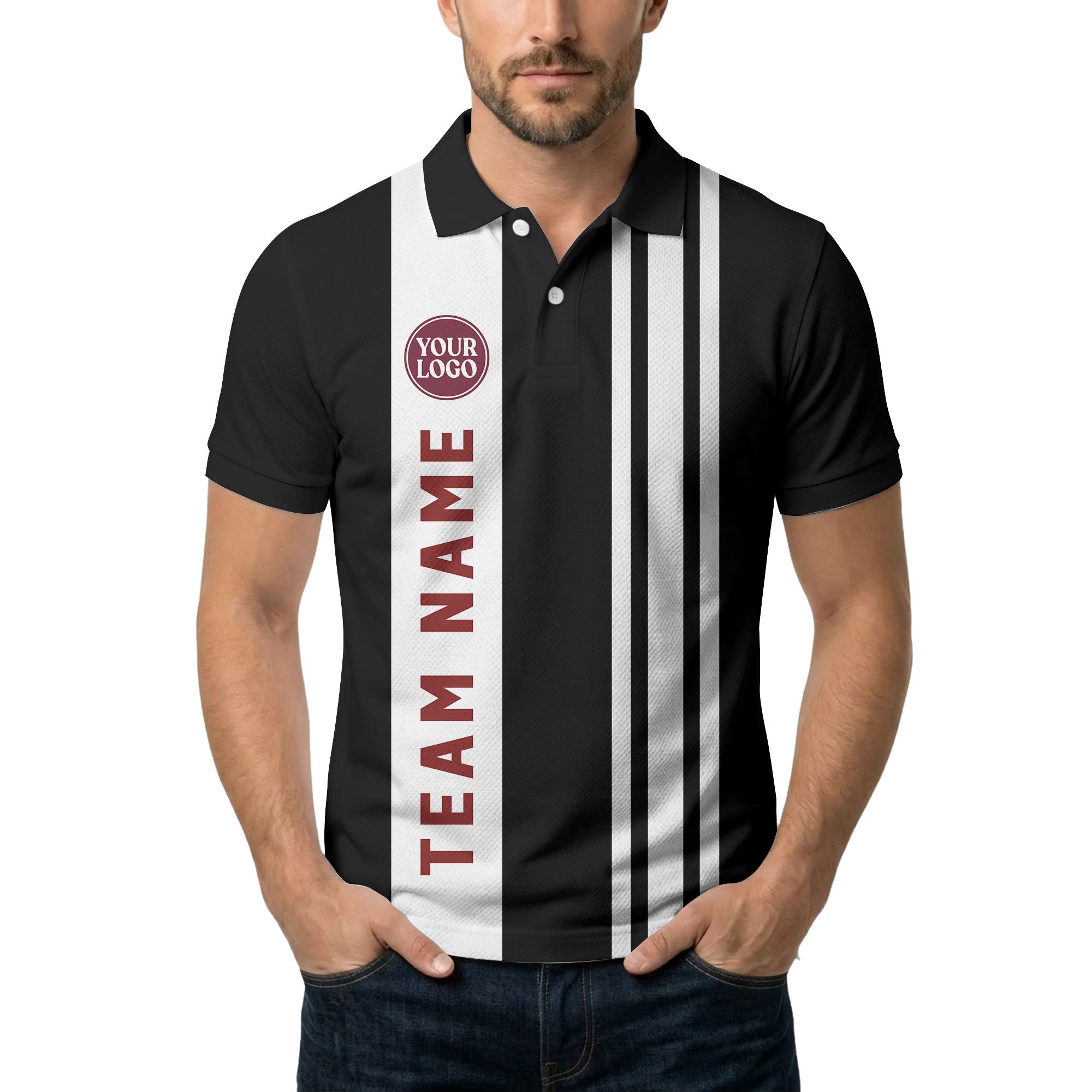 Geometric Maroon Black White Striped Team Polo Shirt With Custom Text Panel