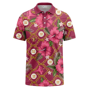 gold chain & pink hibiscus luxury illustrated polo shirt for men