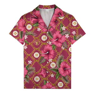 gold chain & pink hibiscus watercolor hawaiian shirt for men