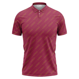 gold custom logo repeat pattern on black luxury minimalist polo shirt