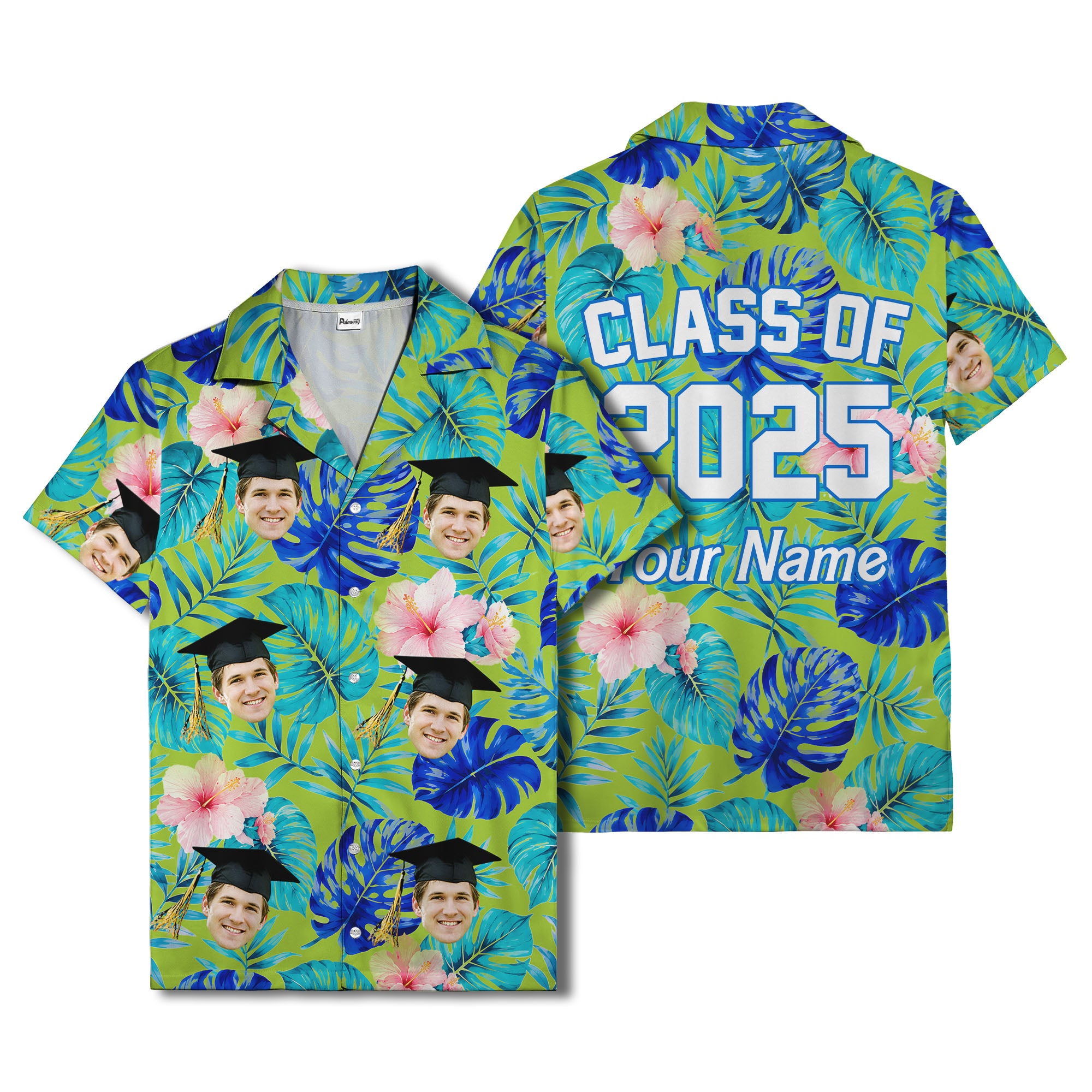 graduation caps tossed over hibiscus blooms on monstera hawaiian shirt