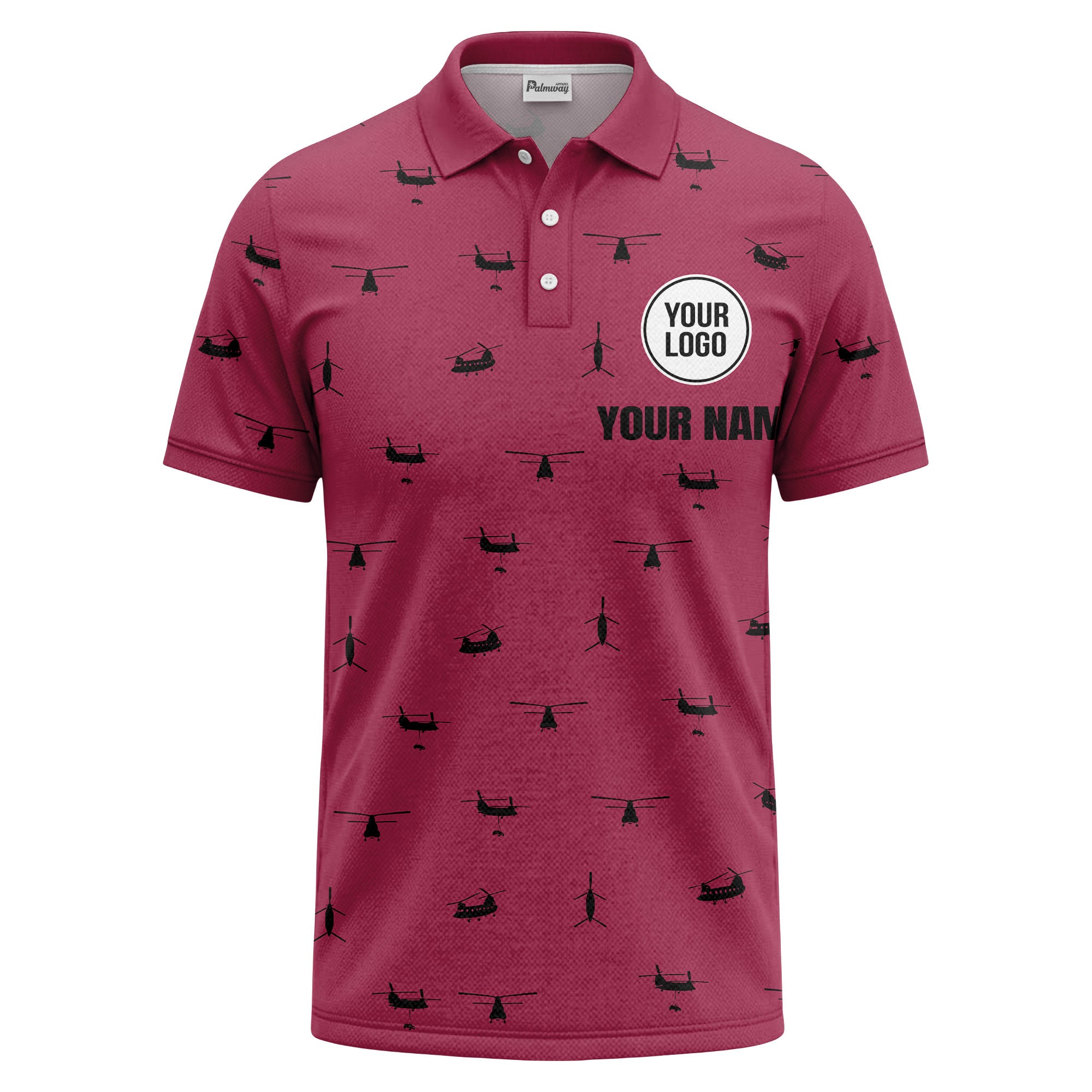 helicopter silhouette repeat pattern custom logo men's aviation polo shirt