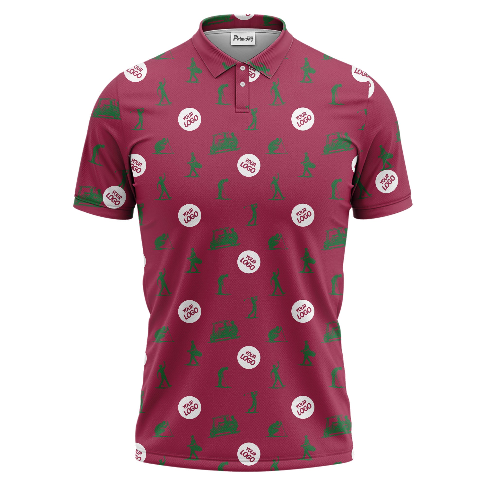 illustrated golfers golf carts repeating on green polo shirt for weekend fairway fun