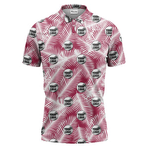 illustrated palm leaf logo repeating tropical polo shirt for men