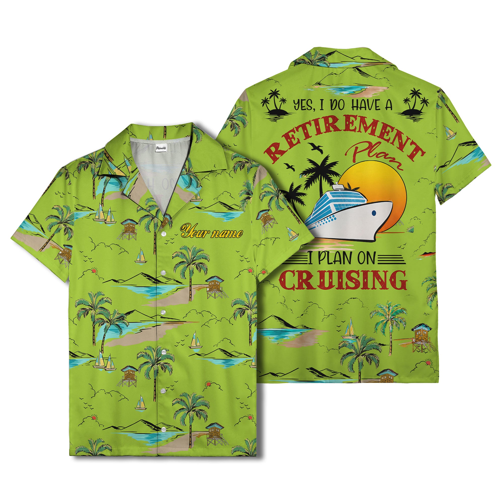 island paradise palm trees & sailboats sunset hawaiian shirt