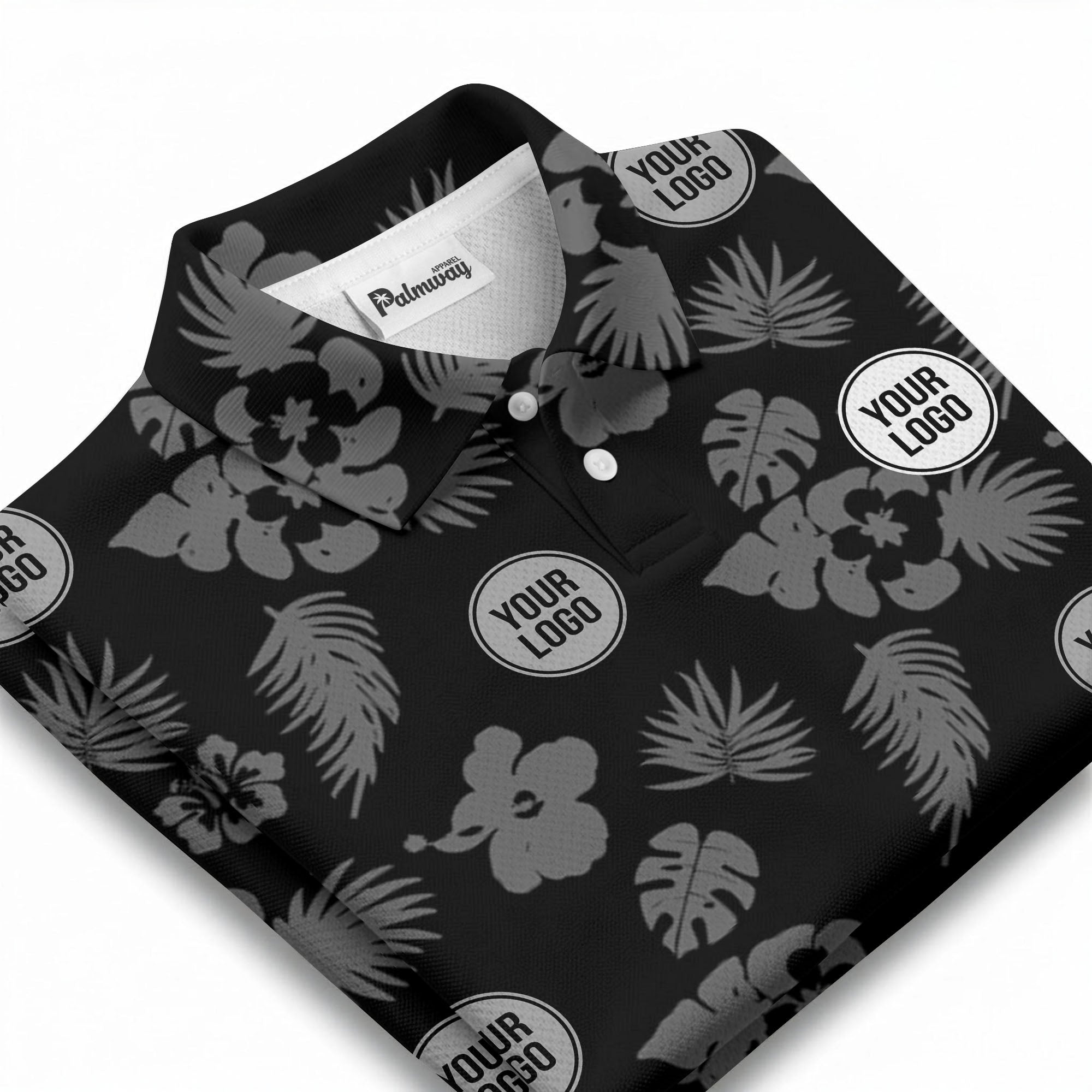 illustrated monochrome tropical flowers and leaves polo shirt for men
