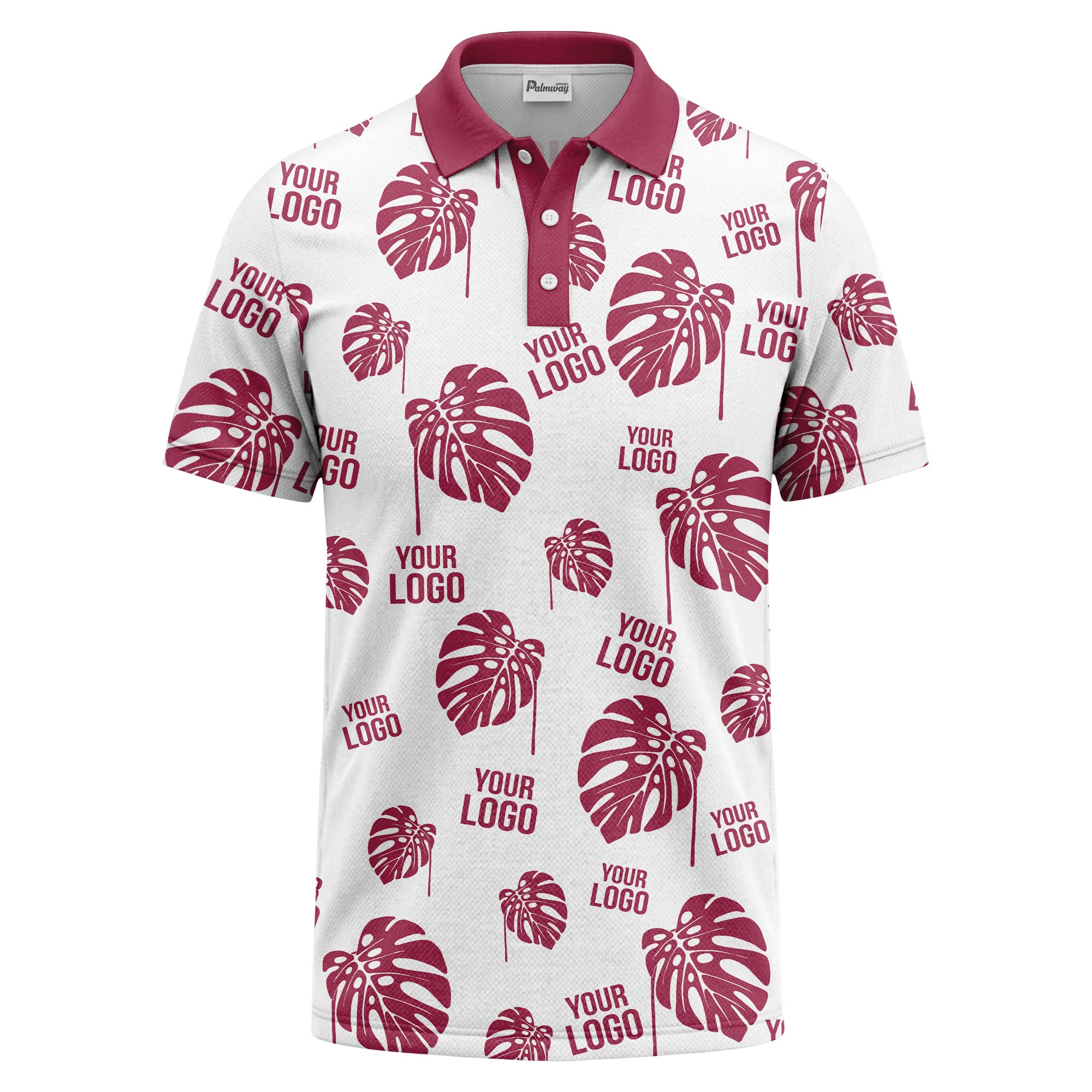 monstera leaves & custom logo repeat black white hawaiian polo shirt