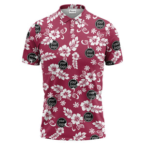 navy blue watercolor hibiscus & custom logo repeat pattern polo shirt