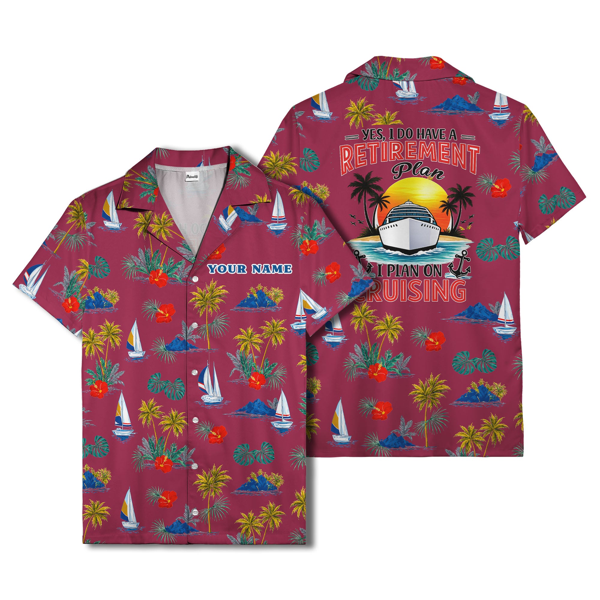 palm trees sailboats hibiscus island paradise hawaiian shirt