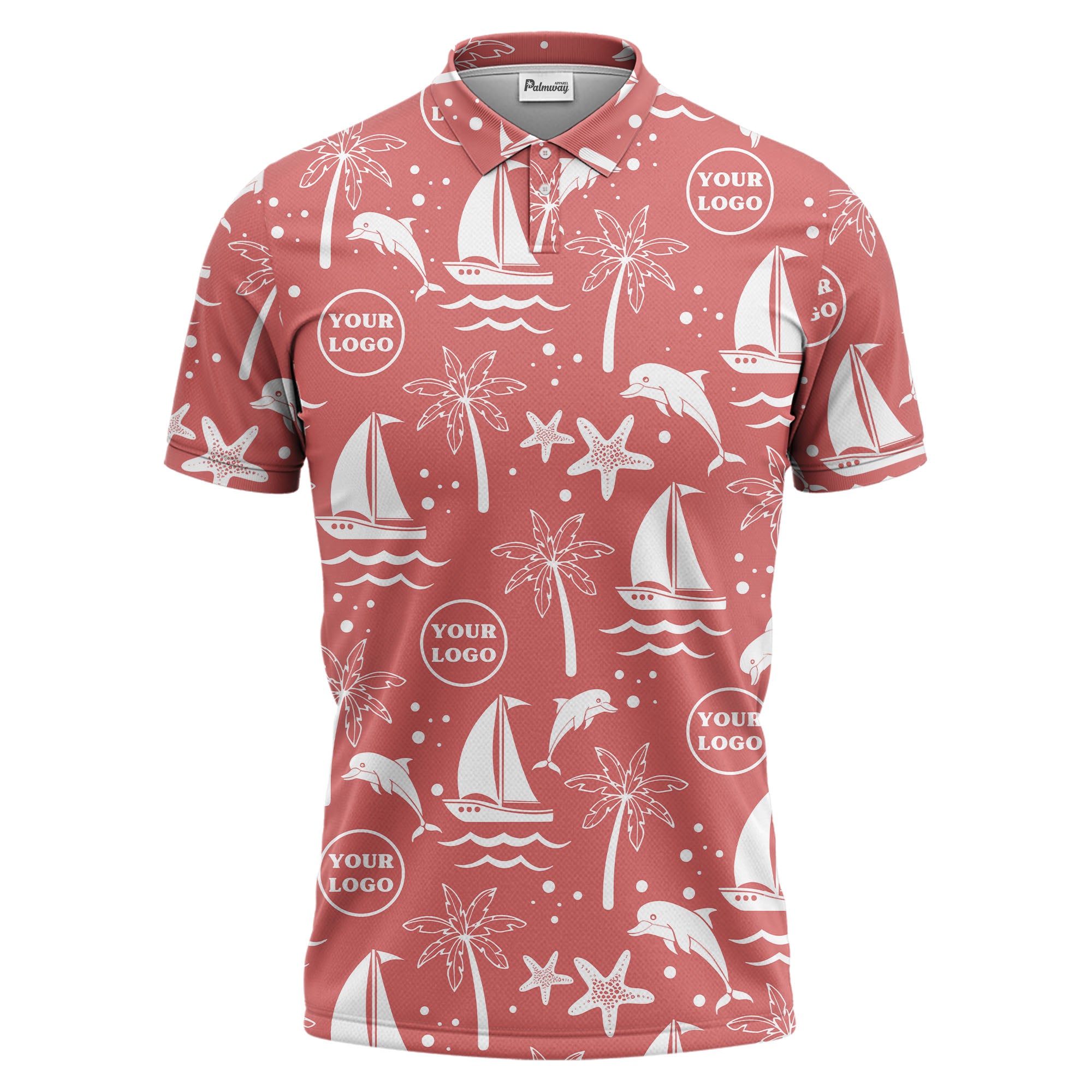 sailboats dolphins palm trees starfish repeat pattern black white polo shirt