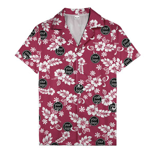 watercolor hibiscus blooms & custom logo navy blue hawaiian shirt