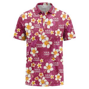 watercolor hibiscus & plumeria black aloha polo shirt for men