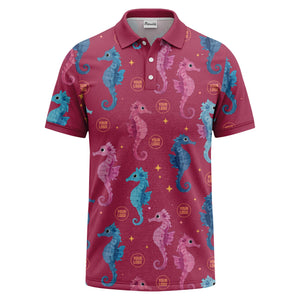 watercolor seahorse repeat marine life polo shirt in pink blue