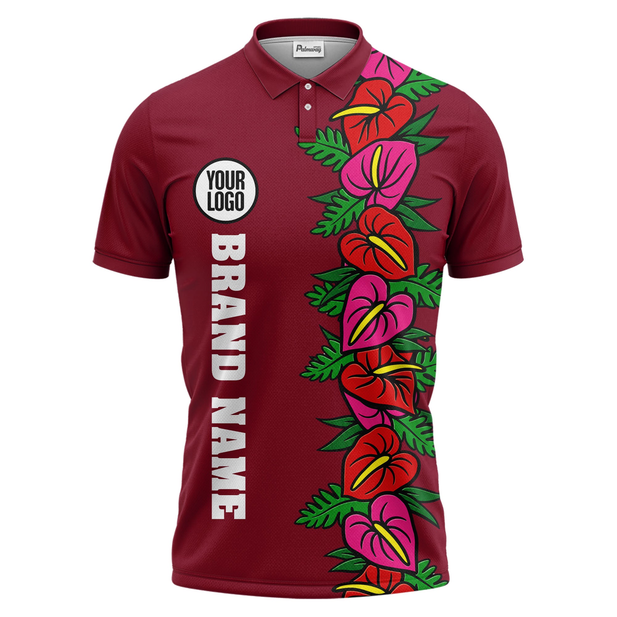 anthurium & emerald leaf stripe coral red polo shirt for men
