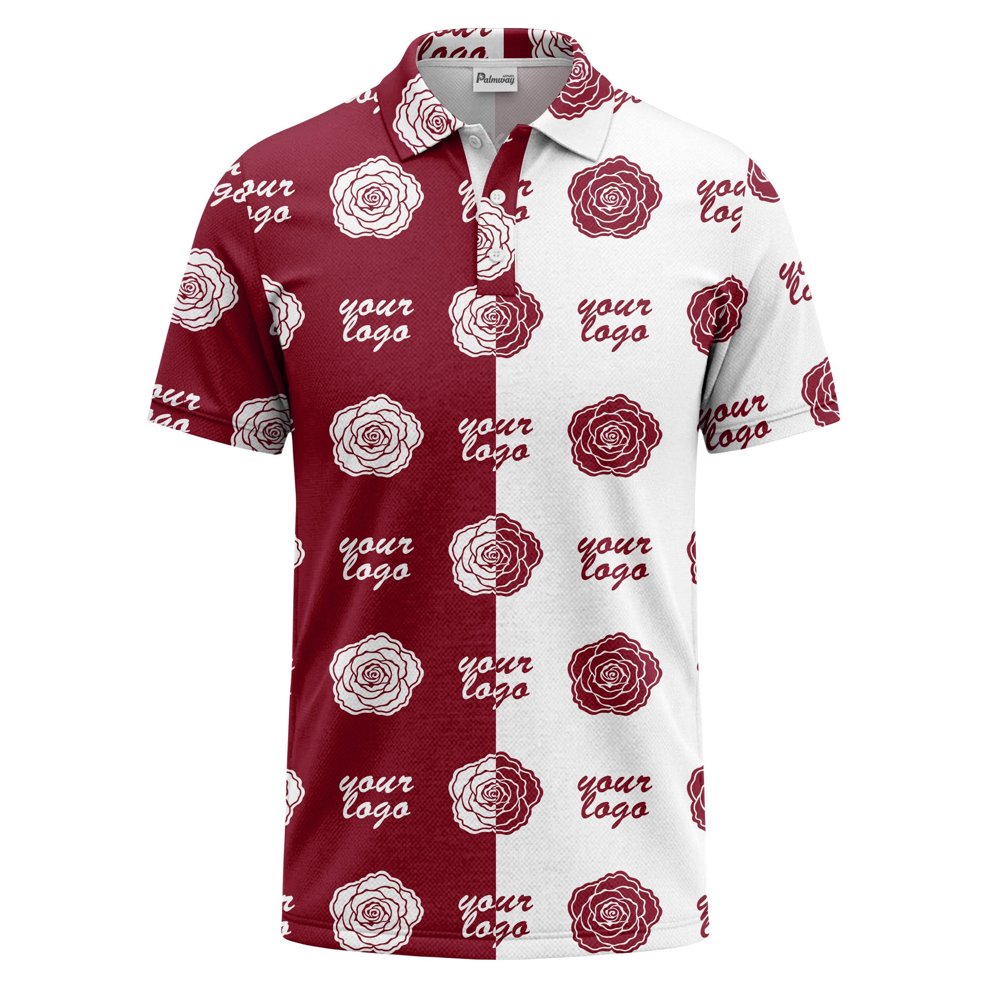 black white rose repeat custom logo monochrome polo shirt