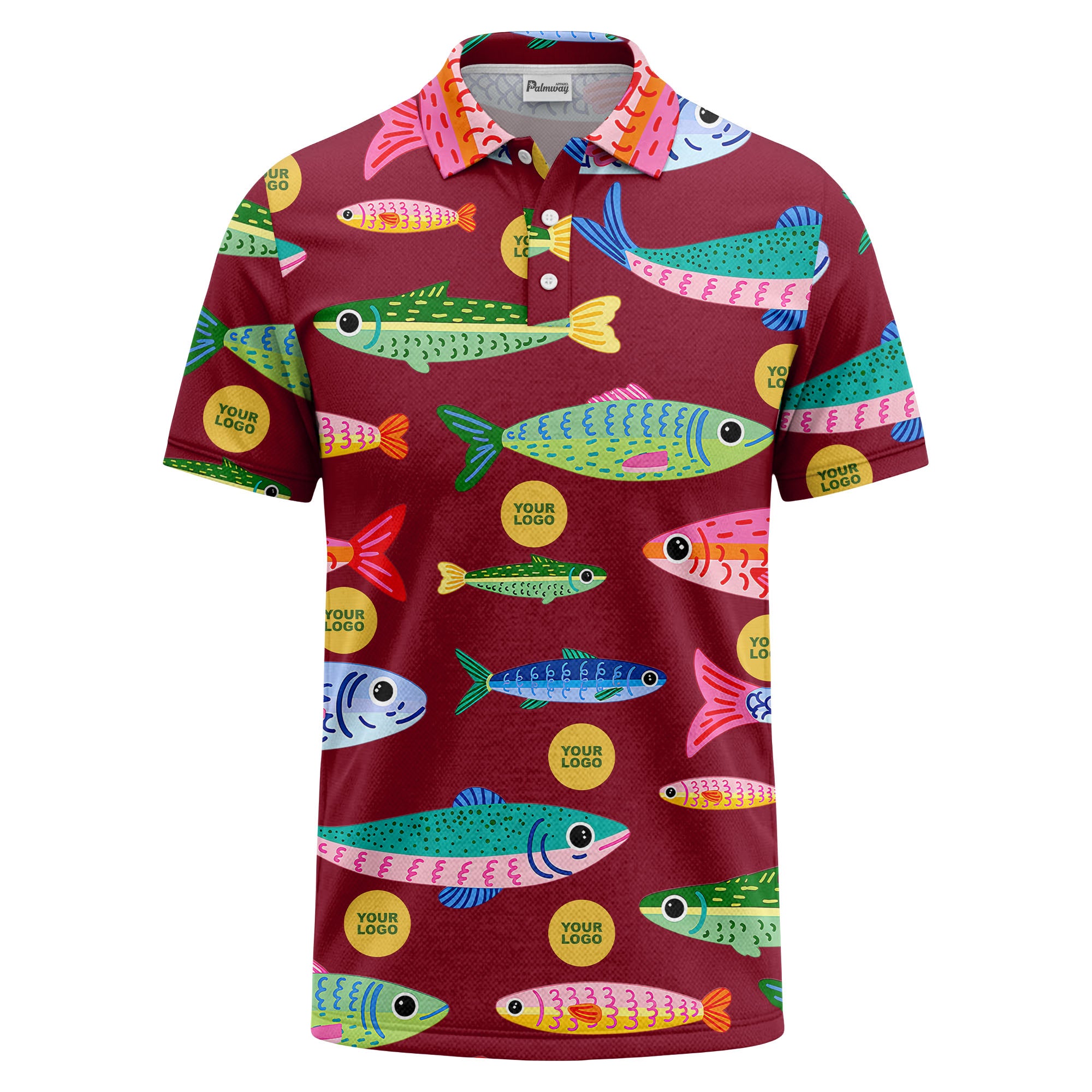 colorful cartoon fish & custom logo repeat all-over print polo shirt