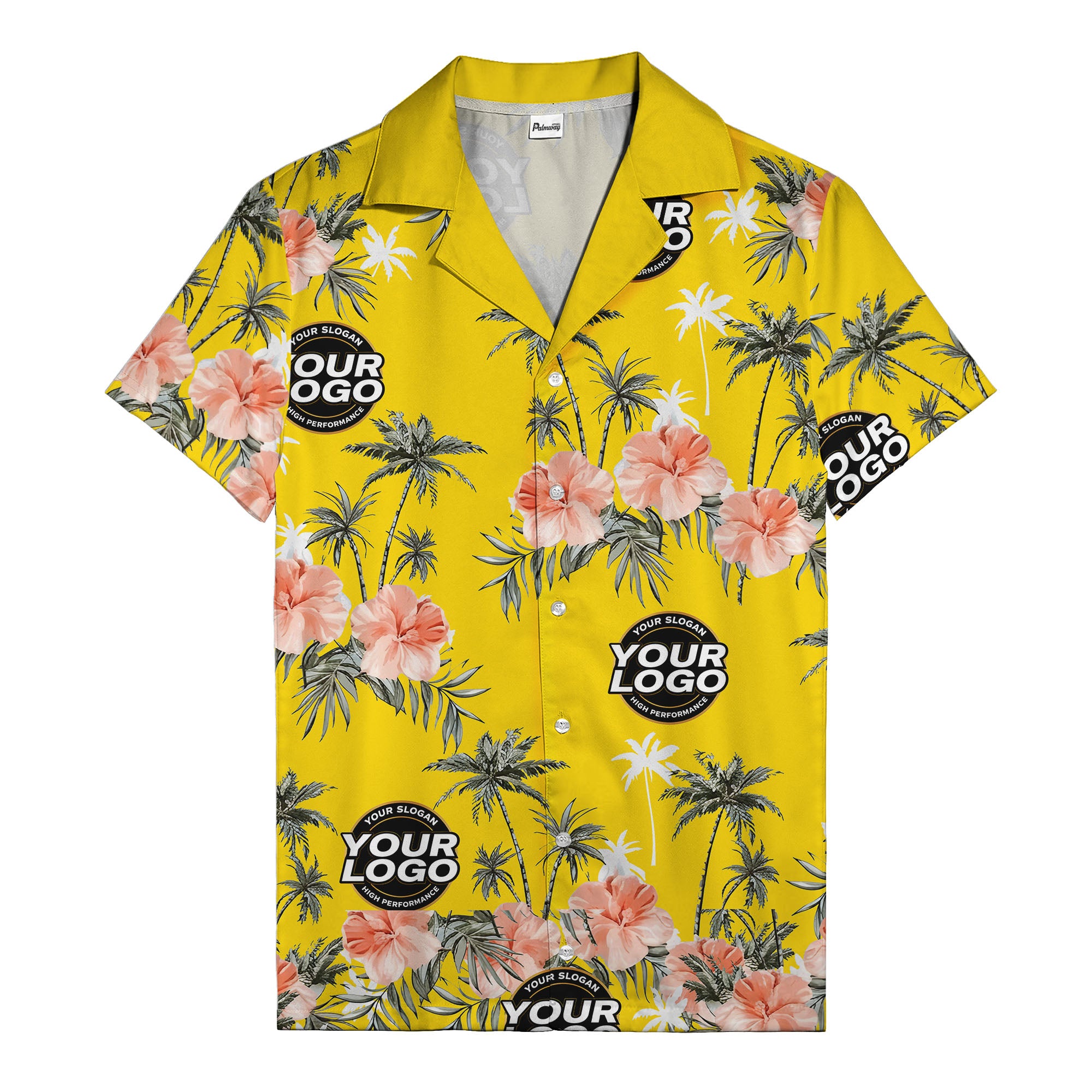 coral pink hibiscus & palm trees on black hawaiian shirt for men