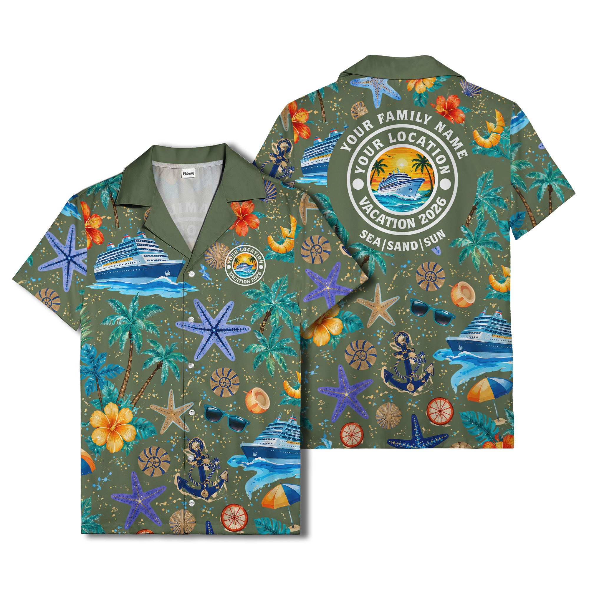 cruise ship palm trees starfish watercolor hawaiian shirt