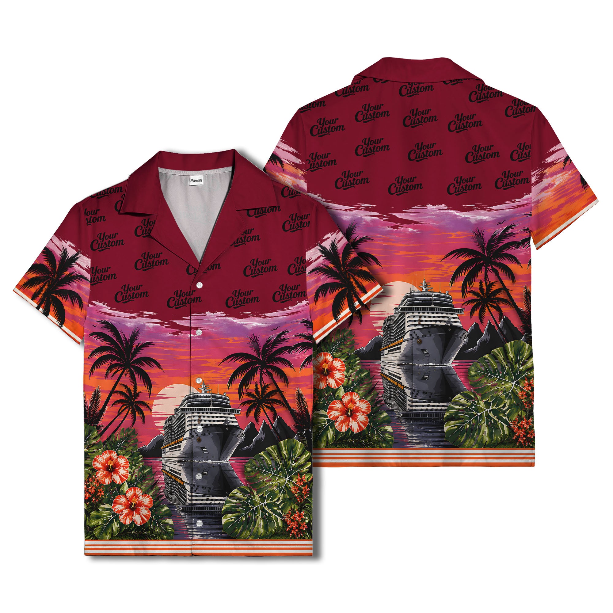 cruise ship sunset palm trees hibiscus flowers hawaiian shirt for men