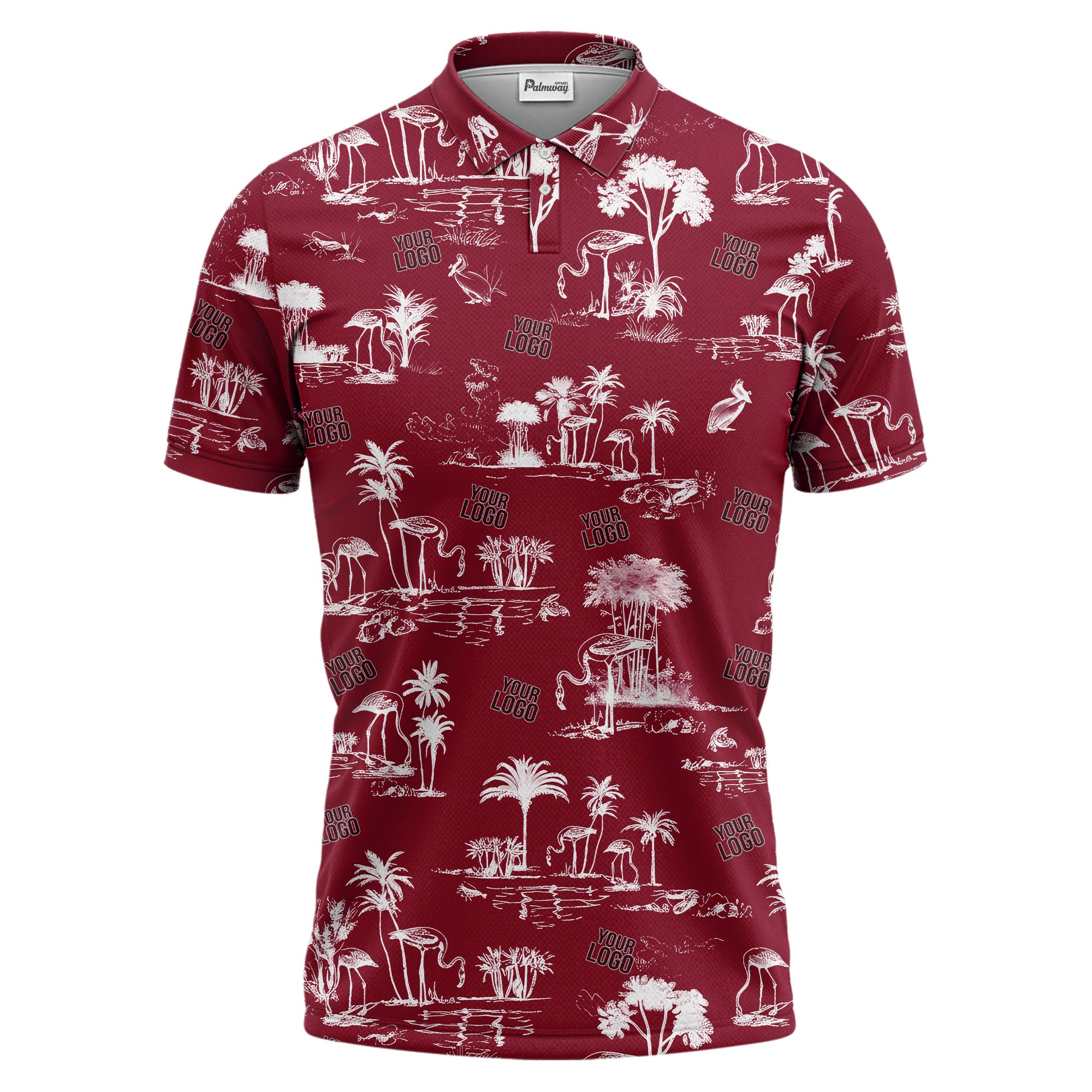 flamingo oasis palm trees sketch pattern black white polo shirt for men