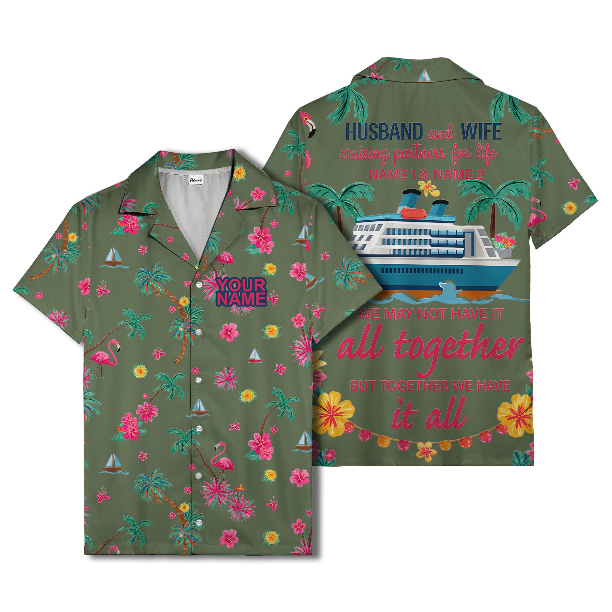 flamingo sailboat hibiscus palm watercolor hawaiian shirt