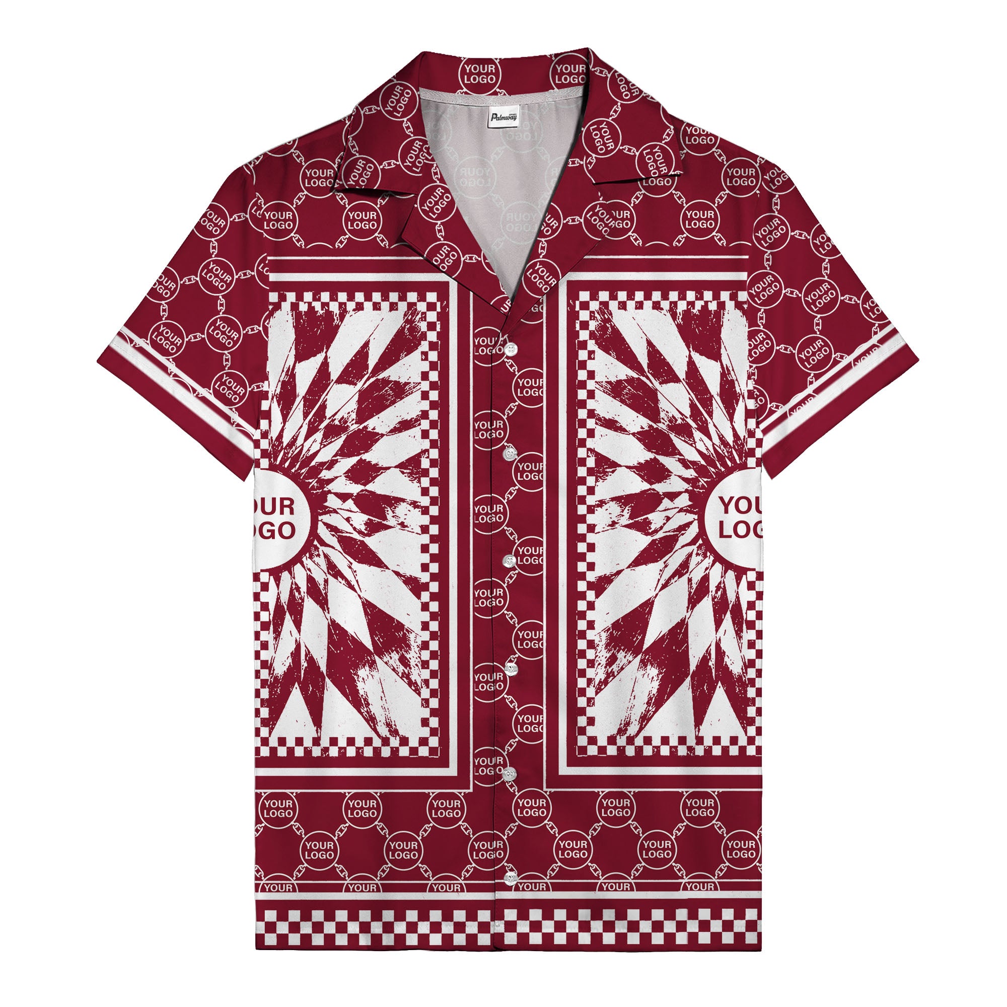 geometric palm leaves checkerboard border hawaiian shirt for men