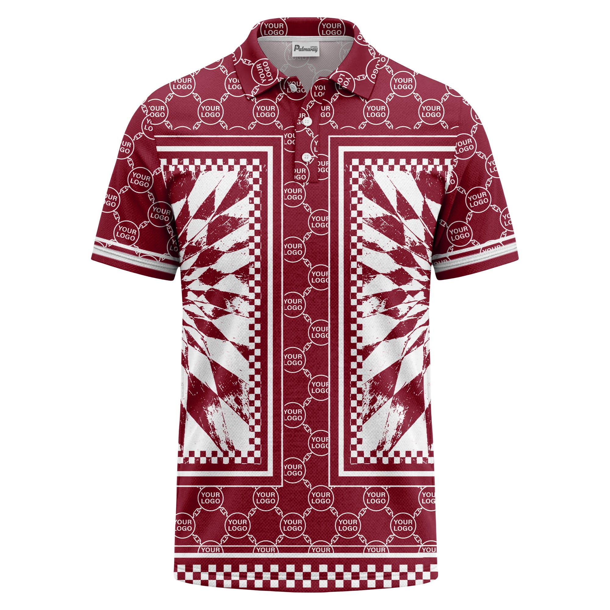 geometric palm leaves checkerboard border polo shirt