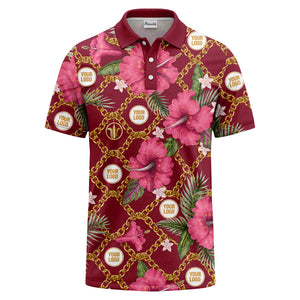 gold chain & pink hibiscus luxury illustrated polo shirt for men