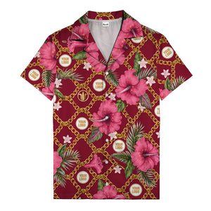 gold chain & pink hibiscus watercolor hawaiian shirt for men
