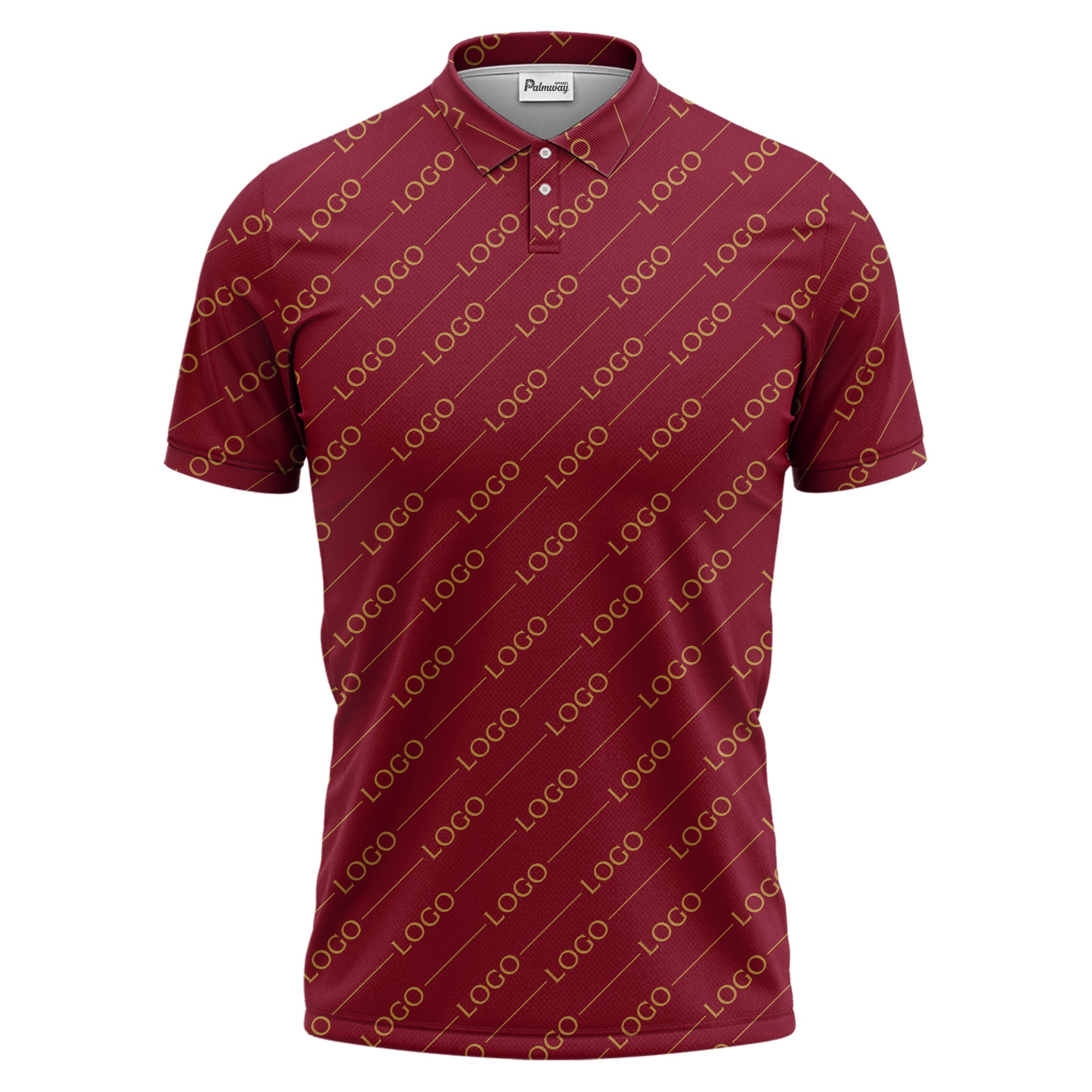 gold custom logo repeat pattern on black luxury minimalist polo shirt