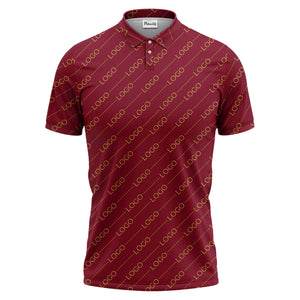 gold custom logo repeat pattern on black luxury minimalist polo shirt