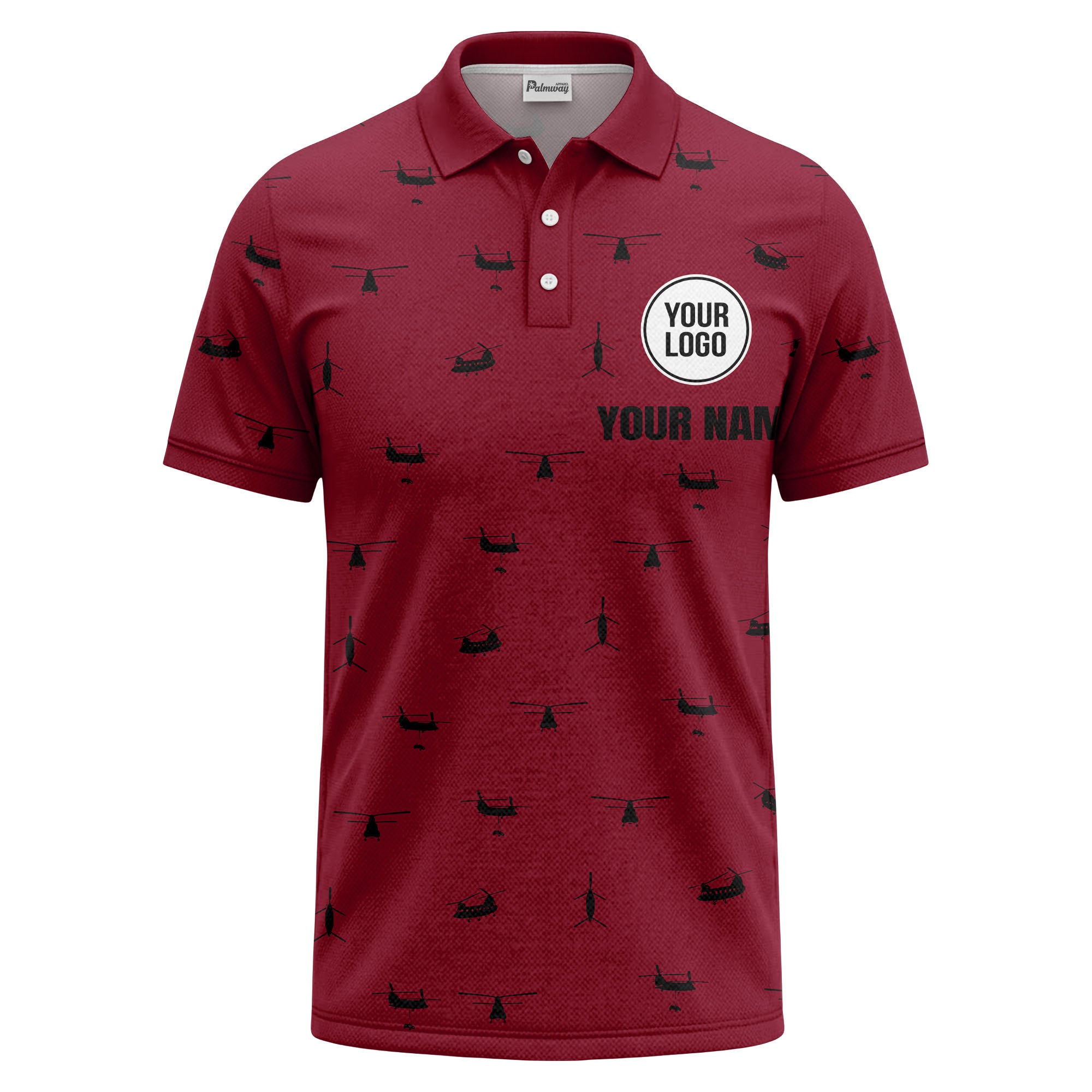 helicopter silhouette repeat pattern custom logo men's aviation polo shirt