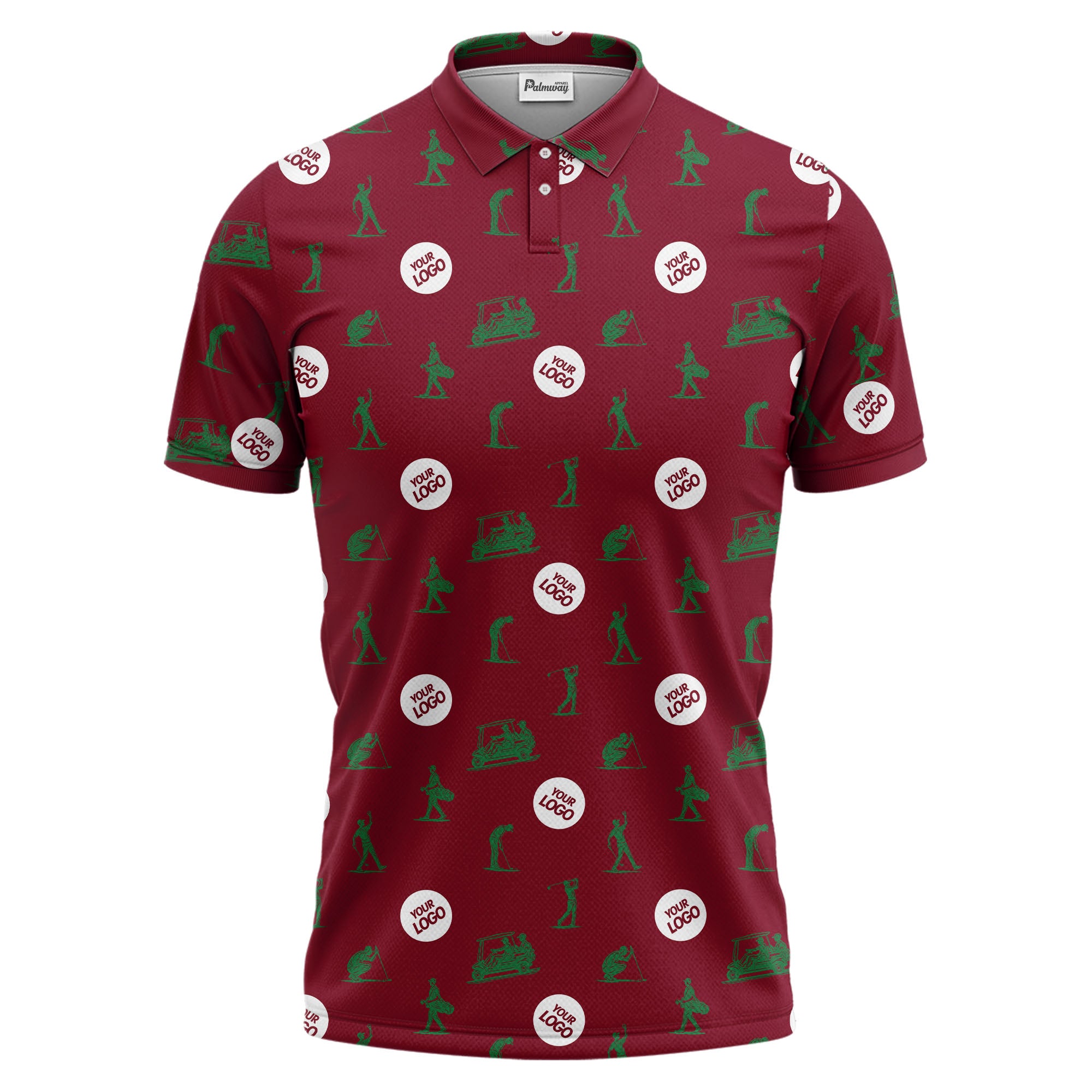 illustrated golfers golf carts repeating on green polo shirt for weekend fairway fun