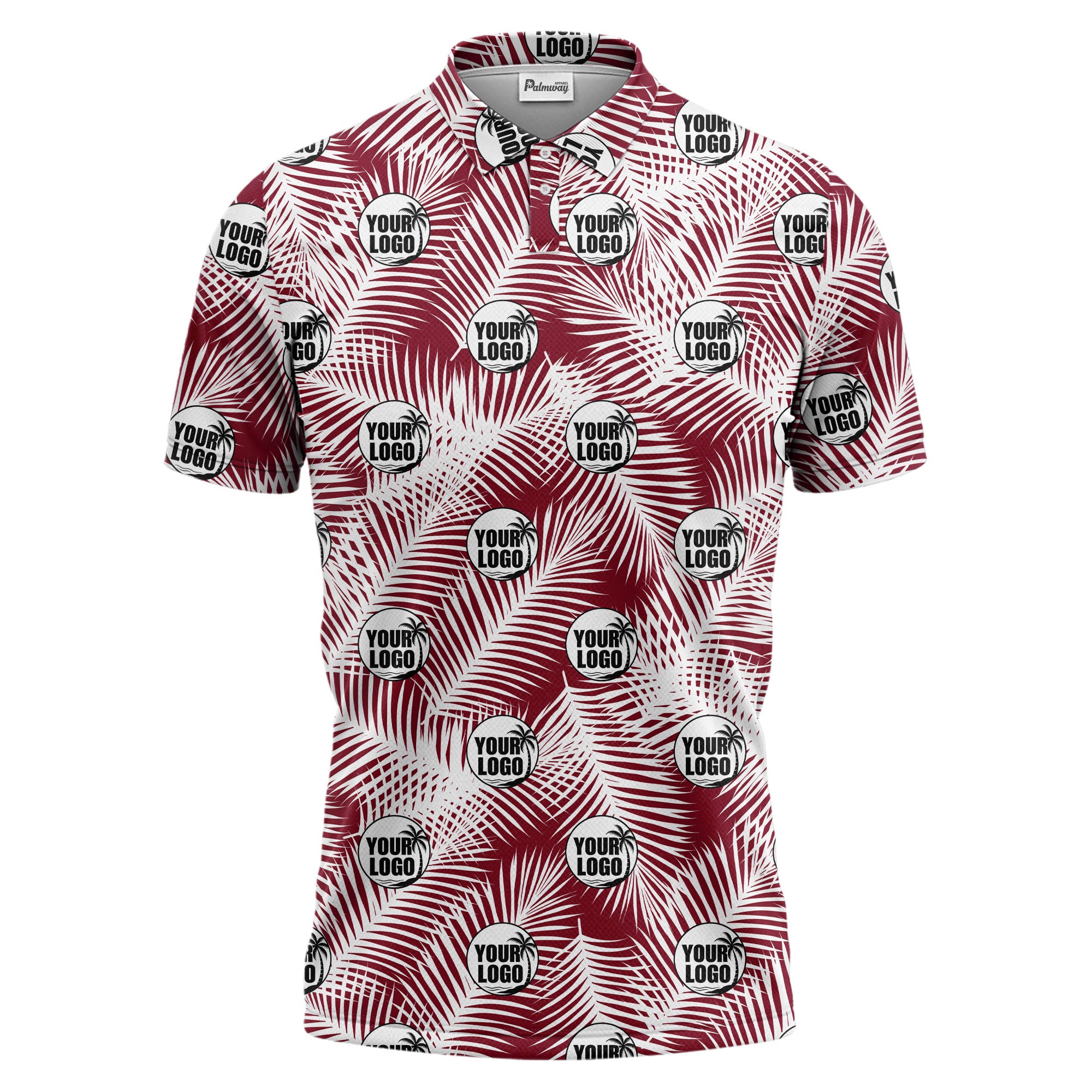illustrated palm leaf logo repeating tropical polo shirt for men